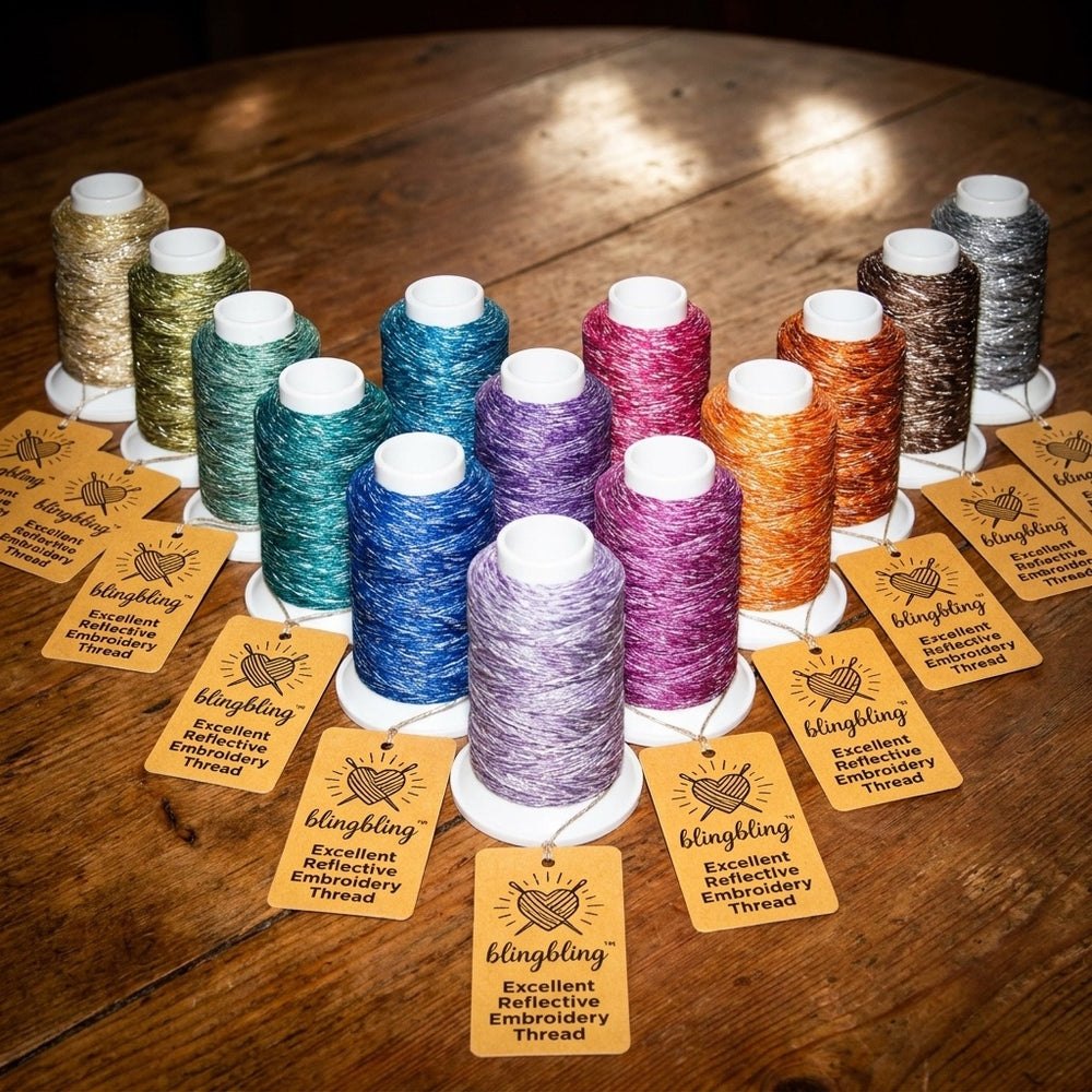 SunBling reflective embroidery thread spools in warm light