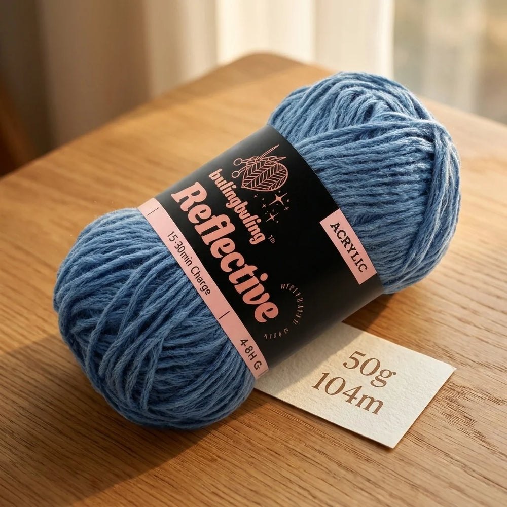 Blue reflective acrylic yarn skein with a label
